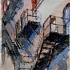 "Westside Fire Escape", 38x30", Mixed Media on Paper.  Saunders Family Collection. Maumelle, AR